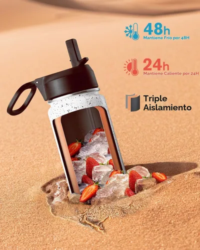 Vista 2 de Coolflask Botella de agua de 24 onzas aislada con pajilla, 3 tapas de metal de acero inoxidable, botella de agua de boca ancha para deportes u