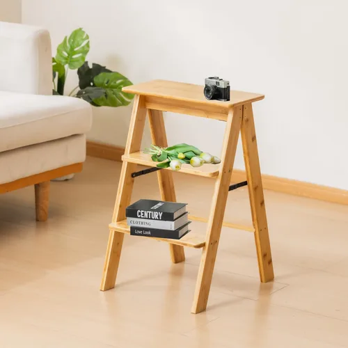 Vista 7 de Latifolia Escalera plegable de 3 escalones, taburete de bambú con protector de suelo, estante decorativo para sala de estar, cocina, jardín