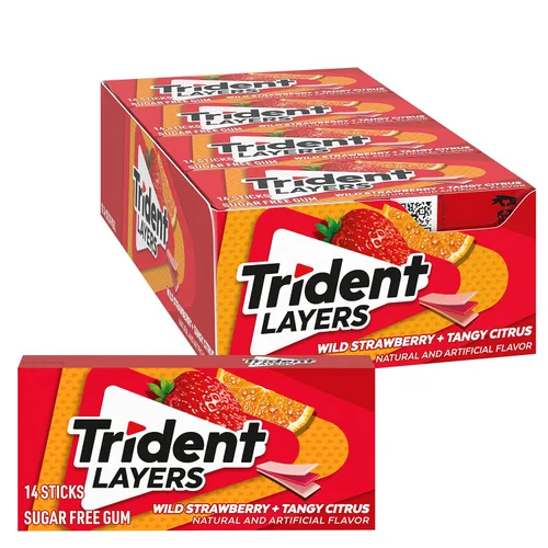 Vista 28 de 12 paquetes de 14 unidades cada uno; es decir, en total son 168 unidades de goma de mascar Trident Bubblegum sin azúcar sabor chicle. Accesorios