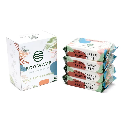 Vista 10 de Eco Wave Toallitas para bebé, 100% compostables ecológicas de bambú, sin olor, hipoalergénicas, veganas, sin alcohol, adecuadas para piel sensible