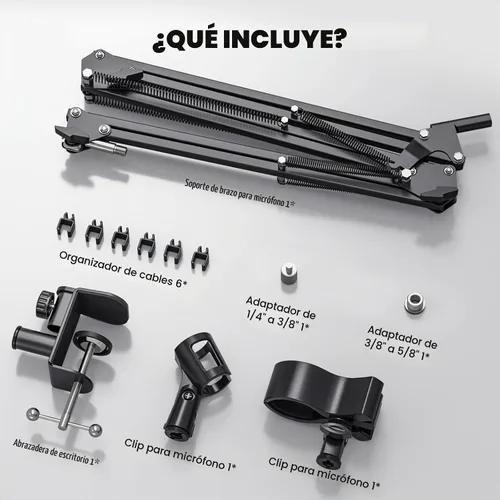 Vista 2 de Brazo de brazo para micrófono, soporte de micrófono de escritorio profesional con adaptadores de 1/4 pulgadas, 3/8 pulgadas, 5/8 pulgadas