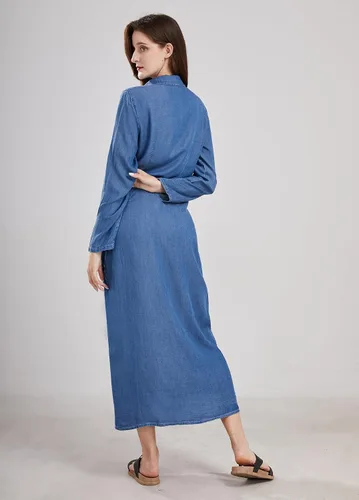 Vista 3 de utcoco Vestido largo casual de mezclilla con botones para mujer, con solapa, manga larga, con bolsillos