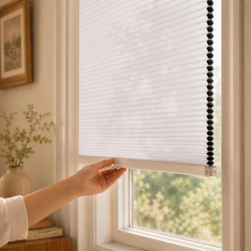 Vista 12 de Grandekor Persianas celulares para ventanas Persianas opacas sin cordones con panal para dormitorio, sala de estar y oficina en casa, beige-blanco