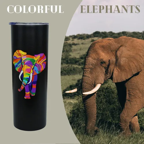 Vista 6 de Taza colorida de elefante con tapa y pajita, botella de agua delgada de 20 onzas con aislamiento térmico y taza de café, decoración bohemia, regalos