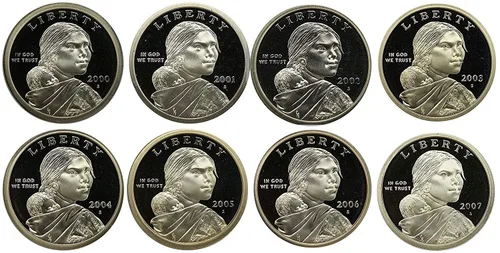 Vista 2 de 2000 S 2001 2002 2003 2004 2005 2006 2007 2008 2009 Sacagawea Dólares Nativos Americanos Tirada de Prueba de 10 Monedas - Década Completa