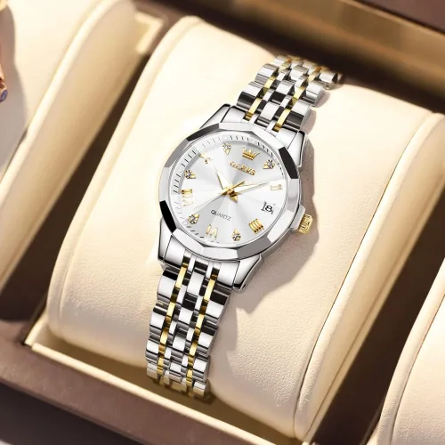 Vista 2 de OLEVS Reloj de pulsera para mujer clásico elegante con diamantes dorados de acero inoxidable impermeable para día