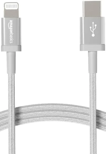 Vista 8 de Amazon Basics Cable de carga trenzado de nailon USB-C a Lightning de carga rápida con certificación MFi para iPhone y iPad de Apple, 3 pies, gris