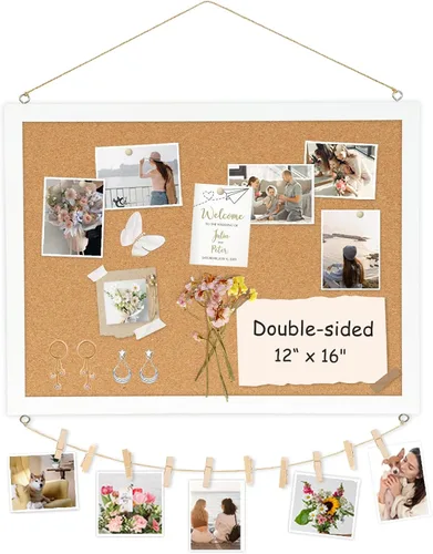 Vista 23 de Tablero de corcho de doble cara con lino, tablero de anuncios pequeño con marco de madera colgante de 12 x 12 pulgadas, kit de tablero de visión