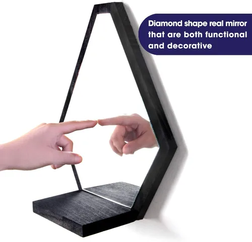 Vista 4 de JACKCUBE MK689A - Juego de 3 espejos decorativos de pared de madera rústica geométrica con estante para dormitorio, baño, sala de estar, cocina