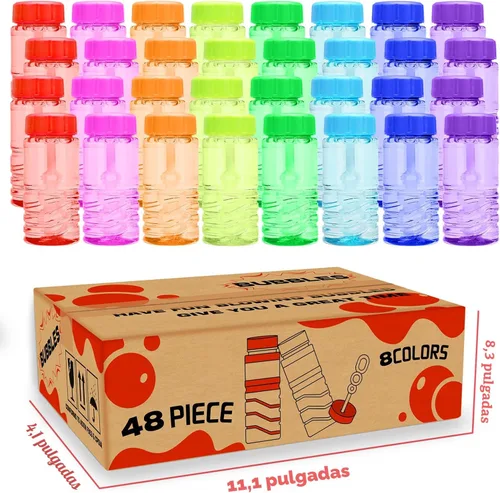 Vista 3 de Paquete de 48 botellas de burbujas con varita unida a la tapa (8 colores), juego de burbujas a granel para recuerdos de fiesta de niños, juguete