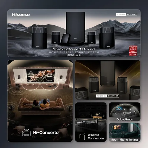Vista 3 de Hisense HT Saturn - Barra de sonido de 4.1.2 canales con subwoofer inalámbrico, Dolby Atmos, DTS:X, Bluetooth 5.3, EzPlay, paso HDMI 4K, compatible