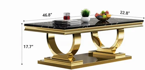 Vista 8 de SSLine Mesa de Centro Rectangular de Mármol Sintético para Sala de Estar, Mesa Central Moderna de Mármol Negro de Lujo con Base de Pedestal Dorada