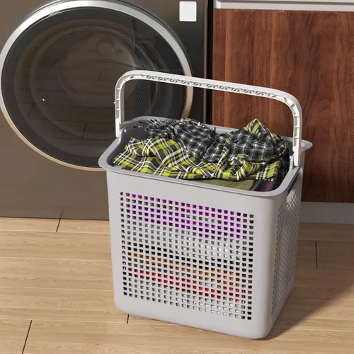 Vista 6 de Cestas de almacenamiento de ropa sucia de 35 L con asas, cesta de plástico fácil de transportar, gris, 4 paquetes