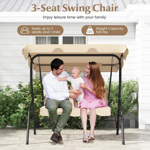 Vista 3 de RELAX4LIFE Silla columpio para porche para 3 personas, columpio para exteriores con toldo ajustable, cojín extraíble y soporte de marco de metal