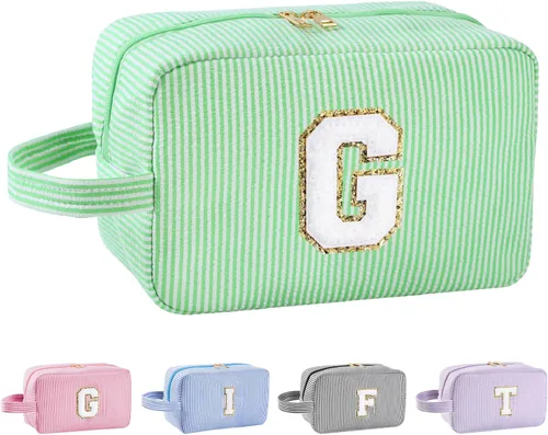 Vista 32 de Bolsa de maquillaje personalizada con inicial A-Z para mujeres, niñas y niños, bolsa de aseo de viaje, bolsa de maquillaje preparada, bolsa