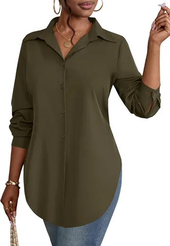 Vista 18 de Rooscier Blusa larga con cuello en V para mujer, manga larga, abertura lateral, con botones