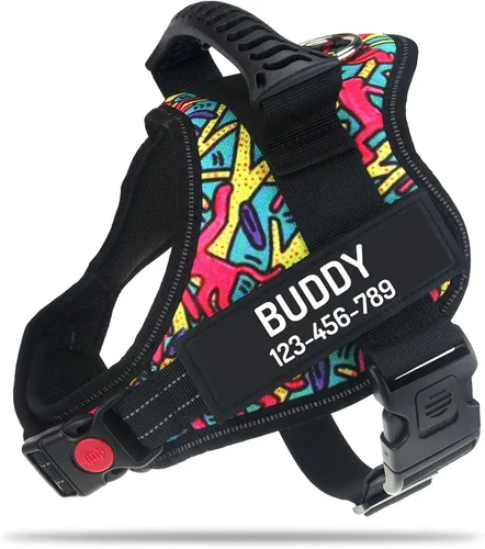 Vista 8 de Arnés de perro personalizado anti tirón con nombre y número de teléfono personalizados de PawPawify, arnés resistente para evitar tirones, Negro