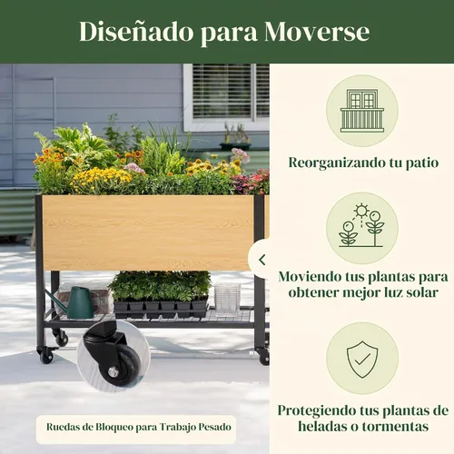 Vista 6 de Cama de jardín elevada con ruedas, macetas elevadas de grano de madera de metal de 2 x 4 pies con patas y estante de almacenamiento para patio
