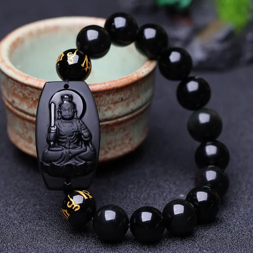 Vista 5 de 100% obsidiana natural pura inamovible Bodhisattva Buda pulsera pulsera