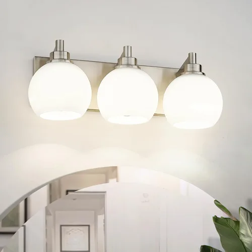 Vista 33 de Accesorios de iluminación de baño, luz de tocador mate negra de 2 luces, apliques de pared modernos con pantalla de globo de vidrio transparente