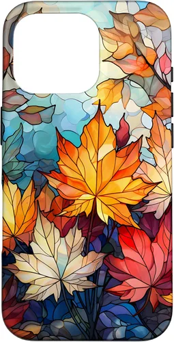 Vista 19 de iPhone 15 Otoño hojas de arce vitrales estilo abstracto caso