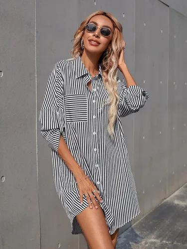 Vista 3 de Romwe Camisas a rayas con botones para mujer, cuello largo enrollado, blusas tipo túnica
