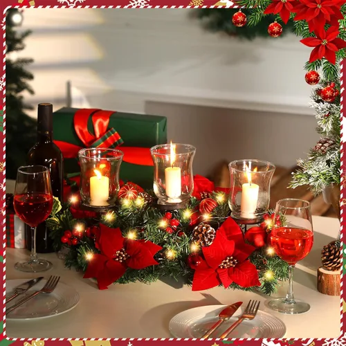 Vista 6 de Sliner Candelabro de Navidad para centro de mesa, candelabro de cristal de flor de pascua de Navidad, candelabro romántico para decoración de mesa
