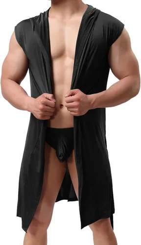 Vista 10 de Bata de satén para hombre, sexy, de seda, con capucha, cómoda pijama, ligera, kimono, ropa de dormir, spa, ropa de descanso, camisón