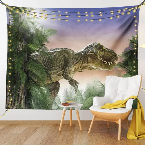 Vista 9 de Ambesonne Tapiz jurásico, dinosaurio en la selva, bosque, naturaleza, bosque, violencia depredadora aterradora, colgante de pared ancho