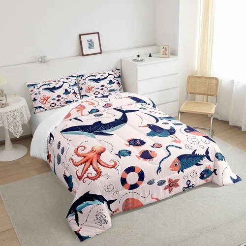 Vista 4 de Erosebridal Juego de edredón de animales costeros para niños y niñas, juego de ropa de cama de ballena de dibujos animados, tamaño individual, lindo