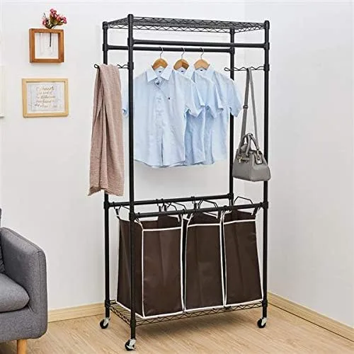 Vista 3 de HopeHope Perchero para colgar ropa, perchero plegable con ruedas, altura ajustable. Clasificador de ropa de 3 bolsas