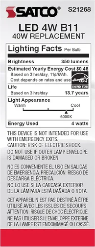 Vista 6 de Satco S21268/06 - Bombillas LED E12 de 4 W, 5000 K, clasificación de 15000 horas, regulables, paquete de 6