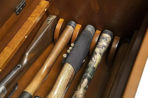 Vista 3 de Banco largo de almacenamiento de armas, atractivo gabinete multifuncional con cerradura, compartimento oculto para rifle de pistola y escopeta