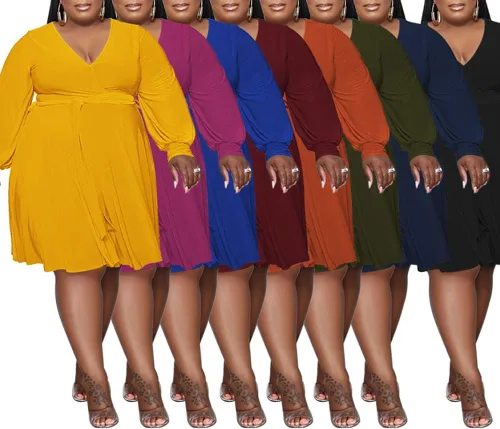 Vista 4 de Ophestin Vestido midi con cuello en V y cinturón sexy de talla grande para mujer