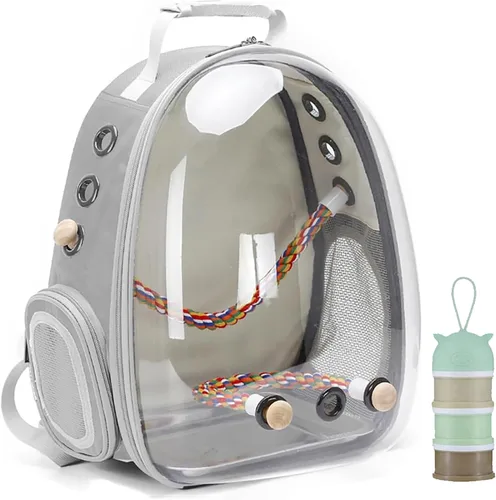 Vista 11 de Jaula de transporte de pájaros, cápsula de espacio transparente, mochila de astronauta para llevar periquitos, cacatúas, loro con bandeja de metal