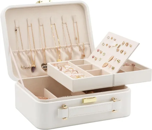 Vista 2 de V-LAFUY Joyero blanco, organizador de joyas de viaje grande, organizador de joyas de 2 capas, organizador de joyas de viaje para mujeres, estuche