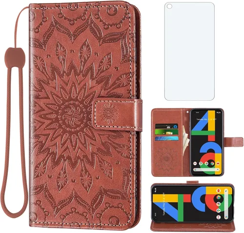 Vista 10 de Asuwish Funda de teléfono para Google Pixel 4a 4G con protector de pantalla de vidrio templado, funda delgada de piel con diseño de girasol, soporte