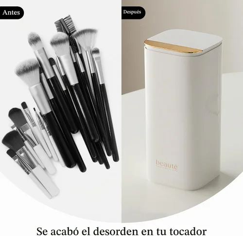 Vista 8 de Soporte de cepillo de maquillaje de elevación automática con tapa a prueba de polvo organizadores cosméticos para tocador-blanco