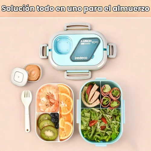 Vista 7 de PEDECO - Caja Bento azul con bolsa, apilable de 2 niveles con utensilios y caja de salsa