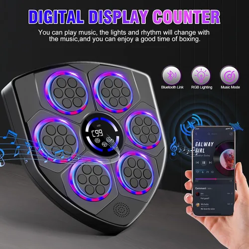 Vista 2 de Máquina de Boxeo Musical Inteligente laapee con Ritmo LED – Montada en Pared para Adultos y Niños – Incluye Guantes para Adultos, Diadema y 3