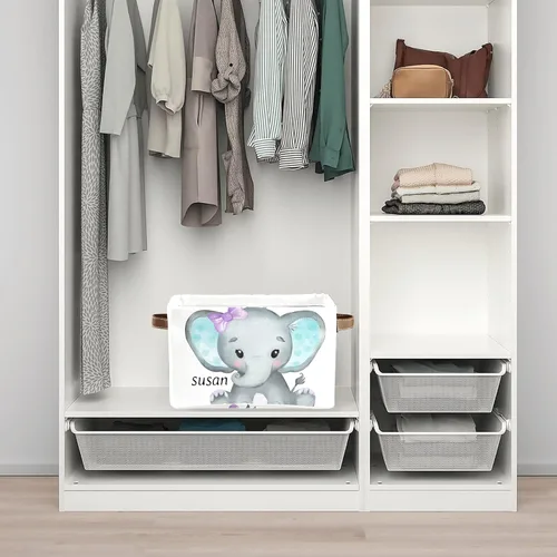 Vista 4 de Canasta de almacenamiento personalizada de elefante verde azulado con nombre, caja de almacenamiento grande con asas para el hogar, oficina