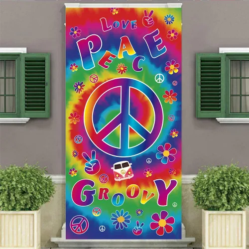 Vista 2 de Pancarta de fondos de amor con texto en inglés "Peace Groovy Love" de 70.8 x 35.4 pulgadas, cartel de decoración de fiesta de carnaval de los años