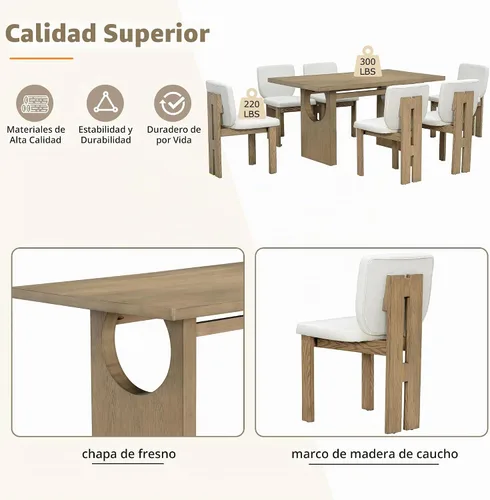Vista 5 de Merax Juego de mesa de comedor de madera para 6, mesa rectangular/sillas tapizadas/diseño geométrico retro, ideal para comedor y cocina, natural