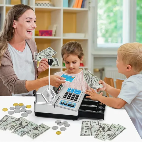 Vista 6 de Calculadora Caja Registradora de Juguete Regalo para Niños de 3, 4, 5, 6, 7, 8+ Años, Juego de Tienda de Comestibles de Simulación de 103 Piezas