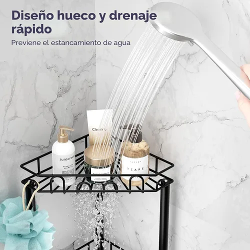 Vista 3 de SWTYMIKI Estante organizador de ducha de pie de acero inoxidable de 3 niveles con 12 ganchos y almohadillas adhesivas, estantes esquineros