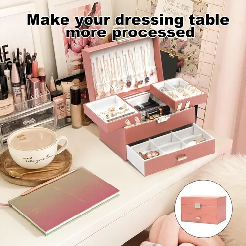 Vista 5 de Dajasan Caja organizadora de joyas, organizador de joyas para mujeres y niñas, 3 capas de almacenamiento grande de joyería para aretes, anillos