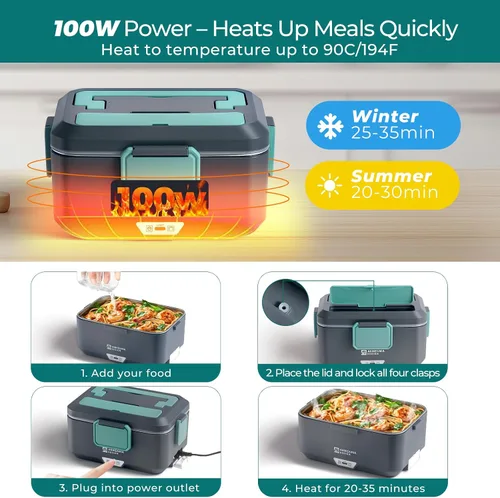 Vista 5 de Annie & Mia Design Fiambrera eléctrica para adultos, 100 W, 3.5 L, calentador de alimentos portátil de 2 capas, modo dual de 2.5 L + 1 litro