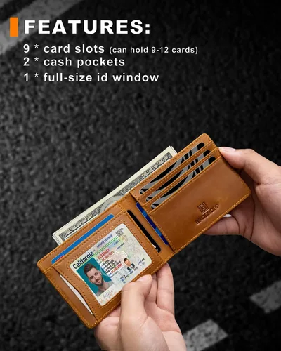 Vista 39 de Billetera AirTag para hombre, de piel auténtica plegable con bloqueo Rfid AirTag con ranuras para efectivo y ventana de identificación, compatible