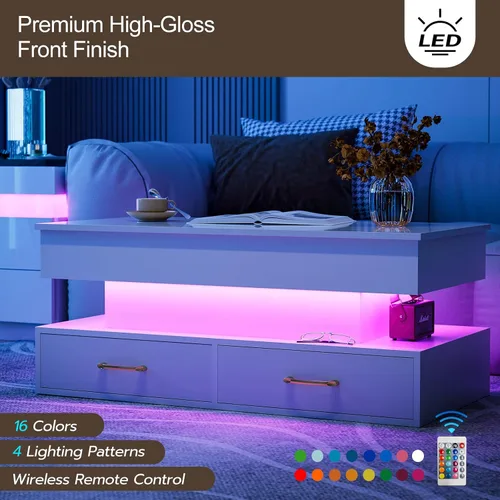 Vista 6 de IKIFLY Moderna mesa de centro LED elevable, alto brillo con compartimento oculto y 2 cajones, parte superior elevadora para sala de estar