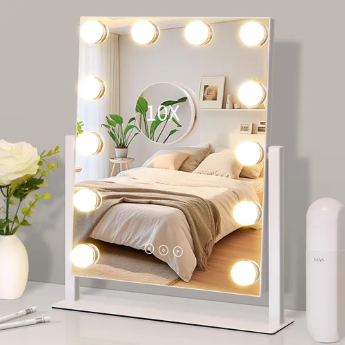Vista 9 de Kotdning Espejo de tocador con luces, espejo de tocador iluminado con 9 bombillas regulables para vestidor y dormitorio, 3 modos de iluminación